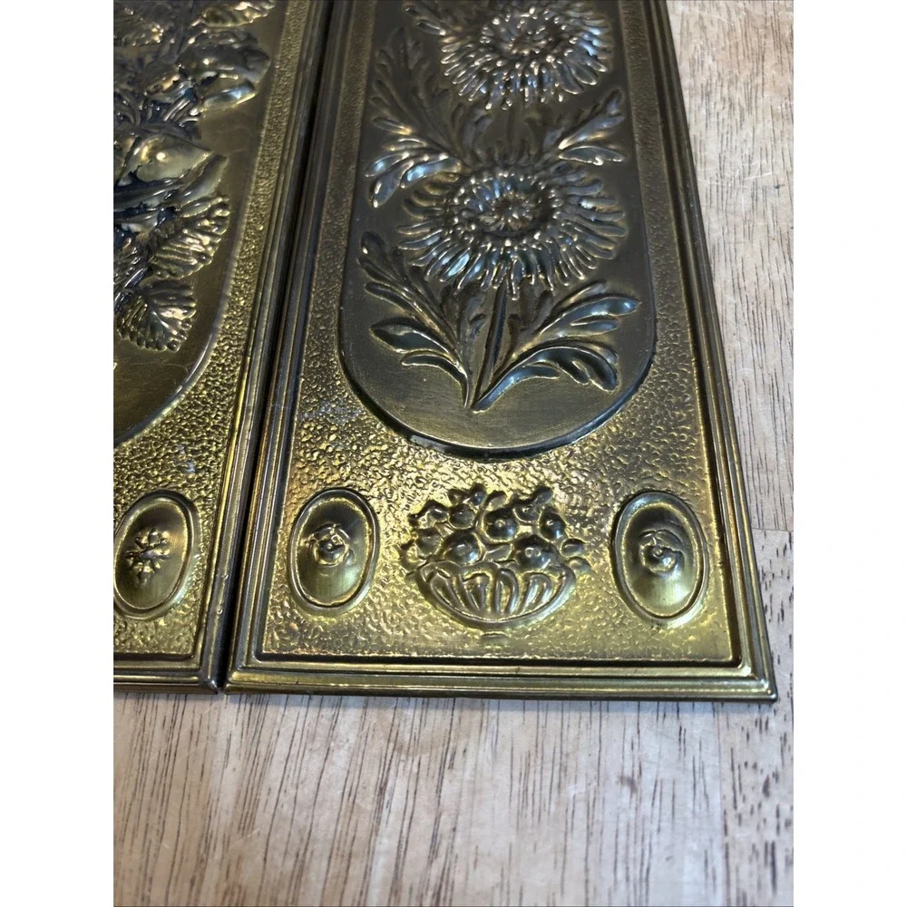 2 - Vtg MCM Brass Tin Gold Repousse Embossed Floral Wall Plaques England